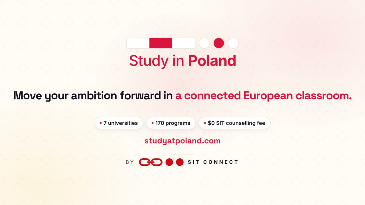 Promotional video about studying in Poland: a student pass stamped admitted, six application steps completed one by one, and student cities in Poland.